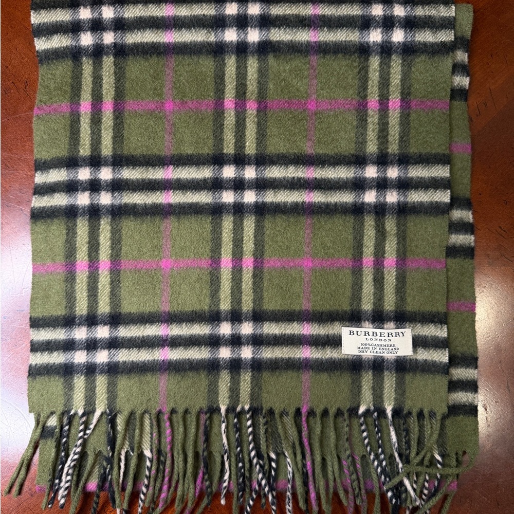 Burberry Olive Plaid Cashmere Scarf